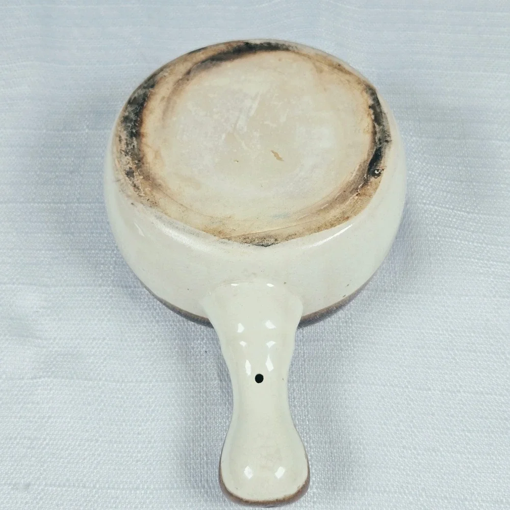 Vintage French Onion Soup Crock Bowl with Lid and Handle Brown Beige Ceramic